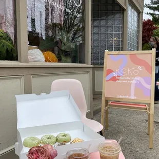 matcha blueberry, hojicha, and caramel mochi donuts