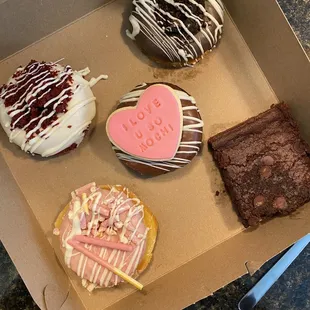Valentine's Day Box - red velvet, double chocolate, strawberry pocky, chocolate cake with a cookie, and a mochi brownie