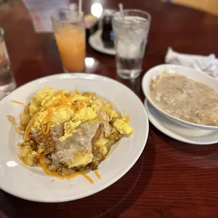 Country fried bowl with biscuits and gravy
