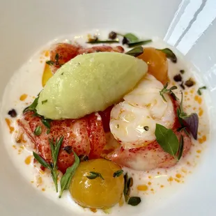 chilled lobster with variations of tomato and buffalo milk