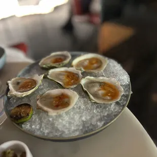 a platter of oysters on ice