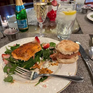 Strawberry spinach salad with salmon and a side of the country ham biscuits with the mustard honey sauce