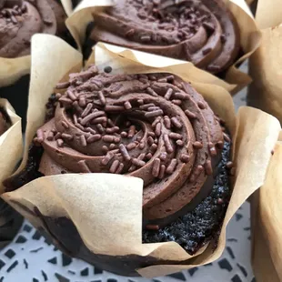Death by Chocolate- dark chocolate cake, filled with chocolate sauce and topped with chocolate buttercream and chocolate sprinkles!