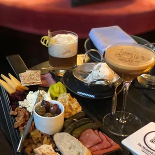 a platter of food and drinks