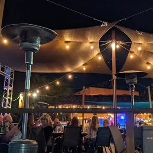 a group of people sitting at tables under umbrellas