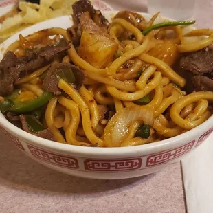 My bowel, beef, jalapeno, pineapple onions and spinach with the thicc noodles ect