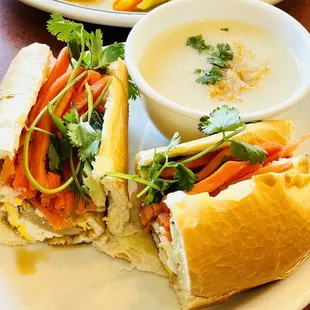 Ham and Egg Bahn Mi with a side of rice congee.... Yum