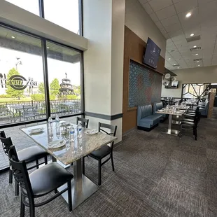 a dining room with a view