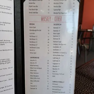 Rye and Whiskey menu as of 4/16/23