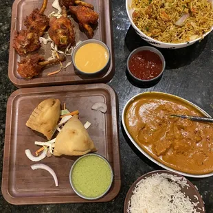 Regular Tikka Fried Rice, Tikka Masala, Drums of Heaven and 2 Veg Samosa.