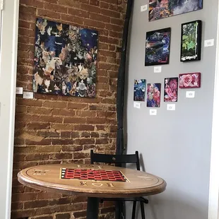 Interior seating with interesting artwork!