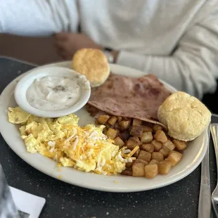 Egg Plate with Ham and sausage gravy