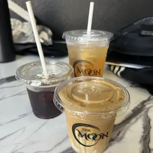 Whipped coffee, black iced coffee, dandelion peach tea