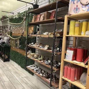 Candles, necklaces, and crystals