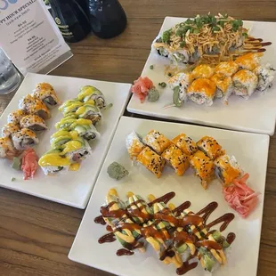Salmon Seseame roll (x2), Blazing Saddles roll, Meek Monster roll, California roll, Tsunami roll