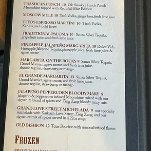 Cocktail menu