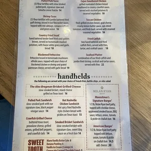 Menu- entrees, burgers, sandwiches, handhelds, desserts