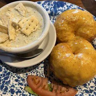 New England clam chowder and tuna melt on mini croissants