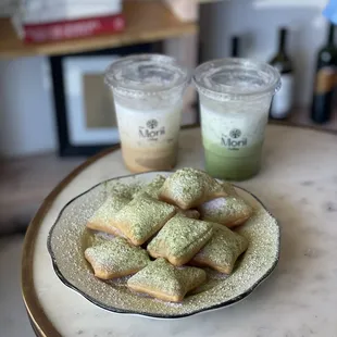 ig: @whatsviveating  |  iced coconut vietnamese coffee, iced coco matcha, and matcha beignets