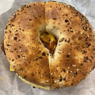 Egg, cheese, bacon sandwich with avocado.