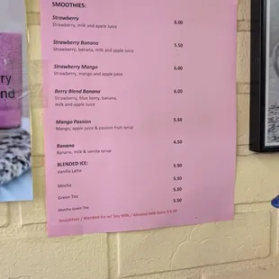 Smoothies menu