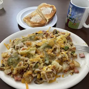 The Hobo scramble with coffee and sourdough toast.