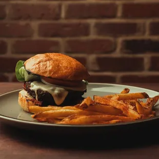 Toasted brioche bun, 10 oz burger patty, bacon, cheddar, caramelized onion aioli, house-cut fries.