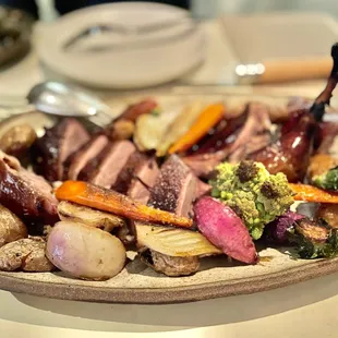a plate of meat and vegetables