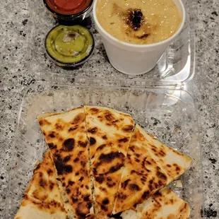 Spinach chicken quesadilla and southwestern corn chowder