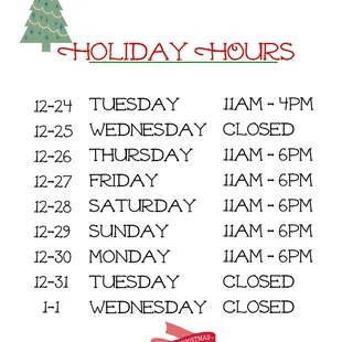Our Holiday Hours...Merry Christmas!