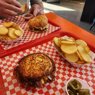 double pocket stlye burger and a croissant double and chip stlye fries