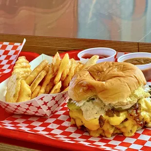 Triple smash burger with fries
