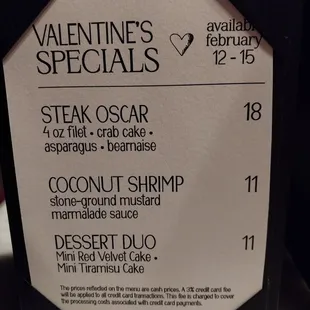Valentines 2025 menu