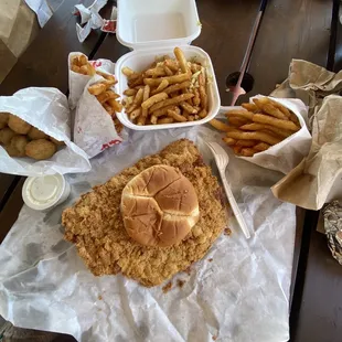 The Pork Tenderloin, Reg Garlic Fries, Breaded Mushrooms, French Fries and root beer