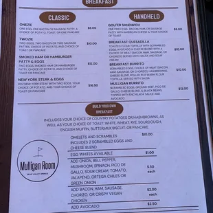 the menu for the mulligan room