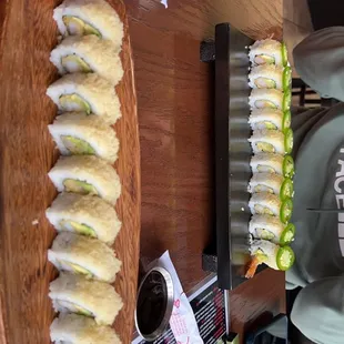 Crunch Roll w/ added jalapeños on the far roll.