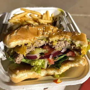 a hamburger and fries