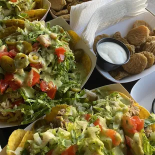 Shredded Chicken Nachos and Fried Pickles