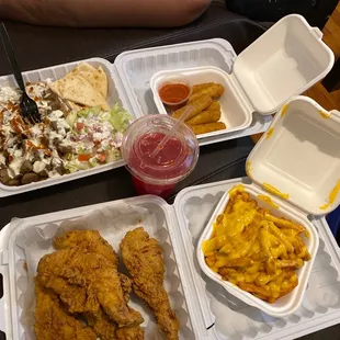 4 piece Fresh Chicken Tenders Mozzarella Sticks Cheese Fries Lamb Over Rice w/ pita &amp; Salad