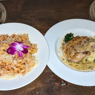 Pasta with marinara and Parmesan (Left), Jidori Airline Chicken Breast, Garlic Mashed Potatoes, and Grilled Broccolini (Right)