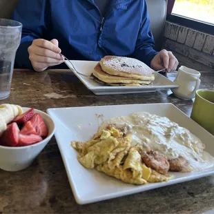 Chocolate chip Pancakes; Hot Mess with fruit cup