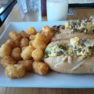 $11.49 Breakfast Cheese steak with tater tots