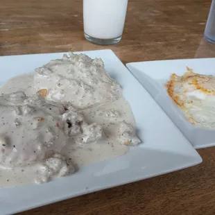 Biscuits and gravy and an over easy egg