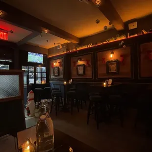 a dimly lit bar with bar stools