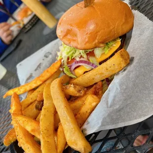 a burger and french fries