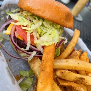 a hamburger and french fries