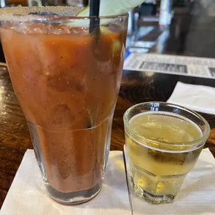 a bloody drink and a shot of beer