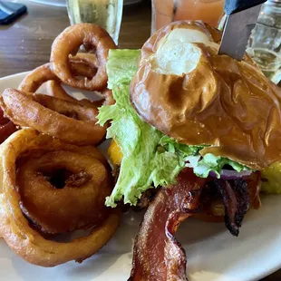 Fried chicken club sandwich was monstrous and very good. Subbed out onion rings which were nice and crisp w/ a good batter