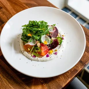 Roasted Beets, Herbed labneh, mandarin vinaigrette, basil, arugula salad, dill pecan shortbread