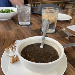 Lentil soup with side of toast cheese toast